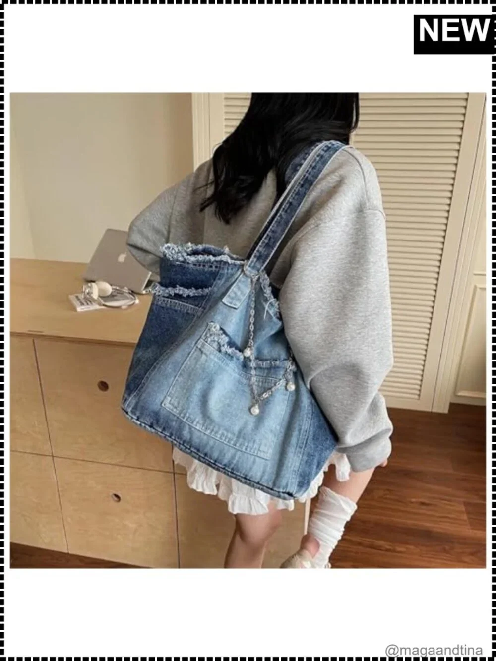 Large Denim Tote Hobo Jean Handbag Everyday Shoulder Bag
